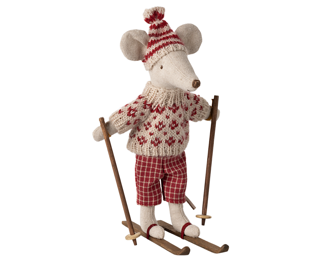 Winter mouse with ski set, Mum - Red
