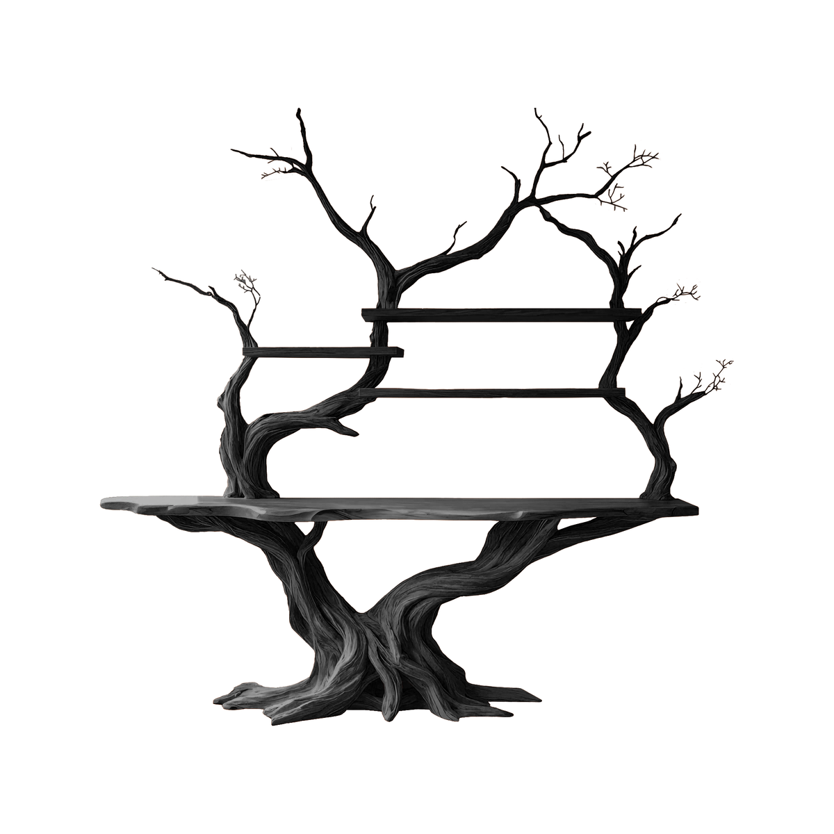 Elarion Tree Trunk Sculpted Solid Wood Console Table With Shelves