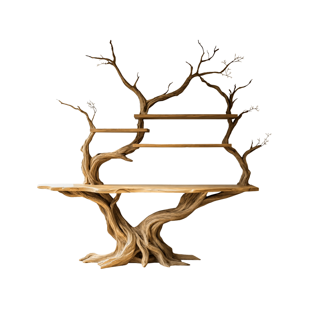 Elarion Tree Trunk Sculpted Solid Wood Console Table With Shelves
