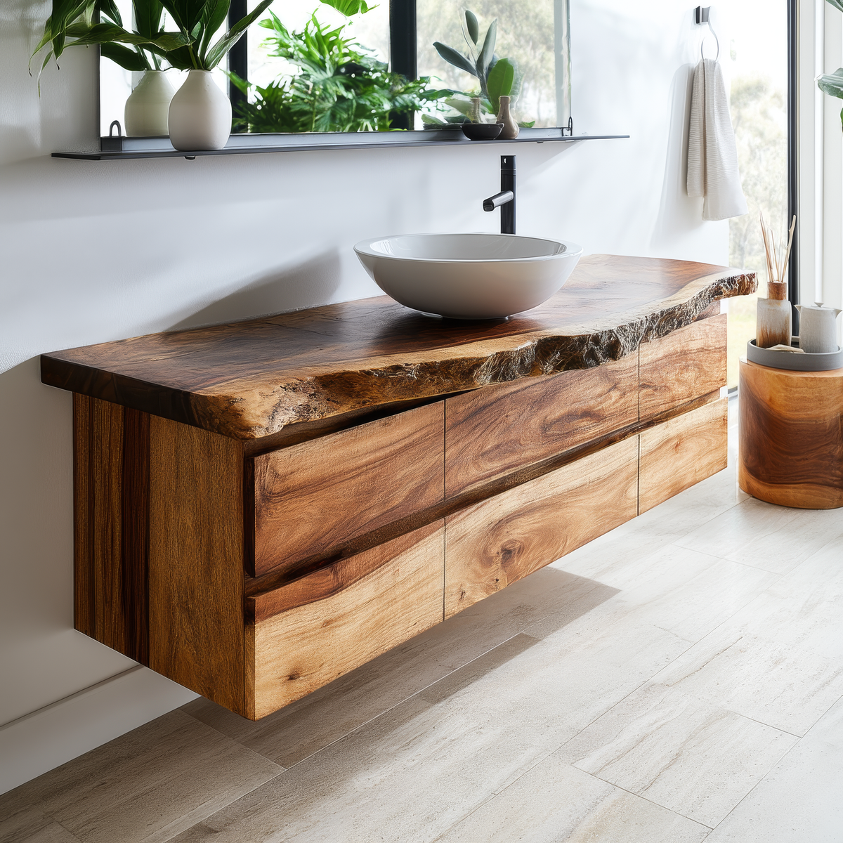 Velmora Live Edge Solid Wood Floating Bathroom Vanity With Drawers