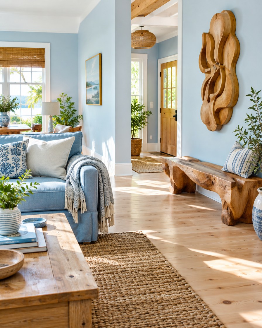 Hand-carved wood bench and wall sculpture