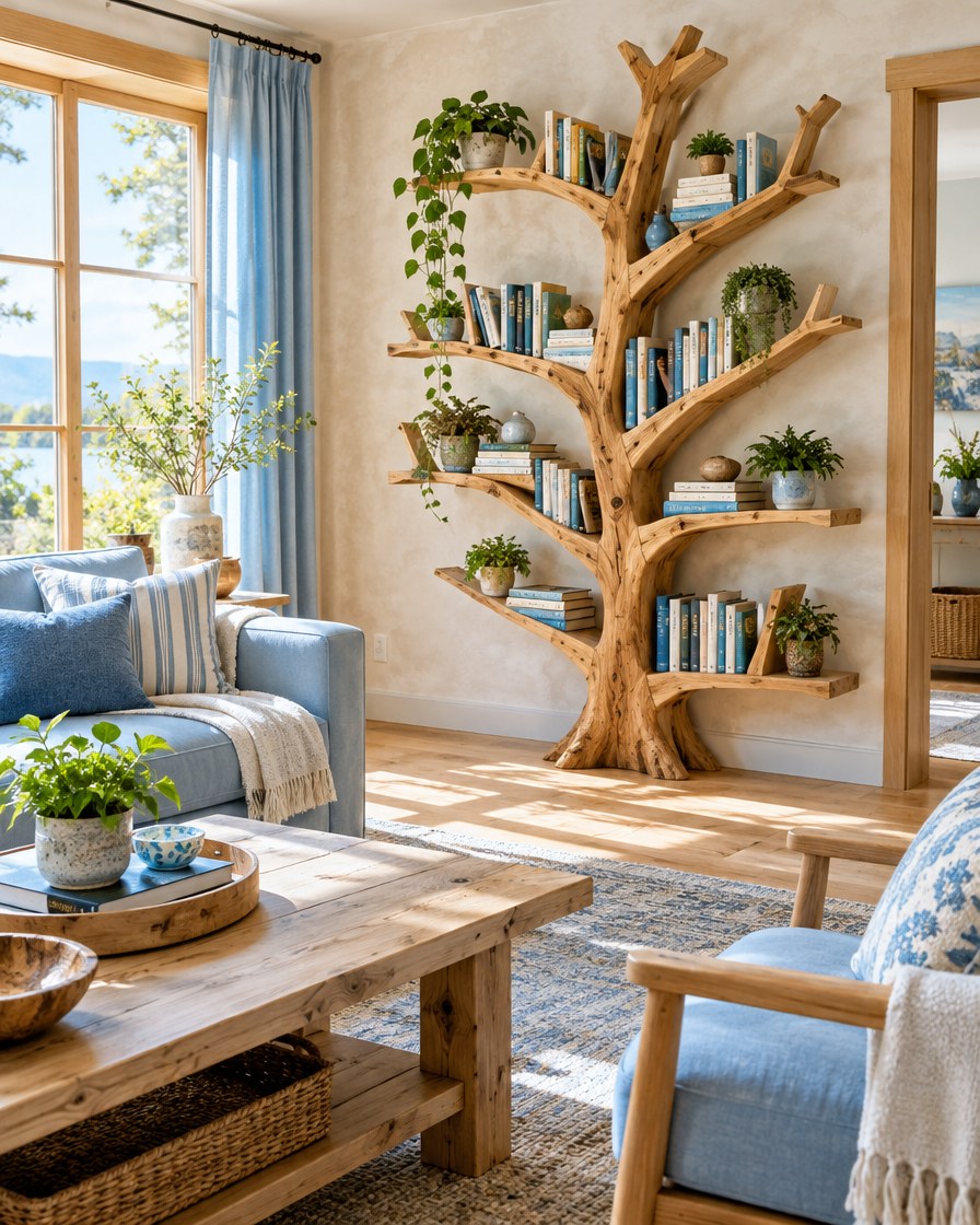 Sculptural tree branch solid wood bookshelf