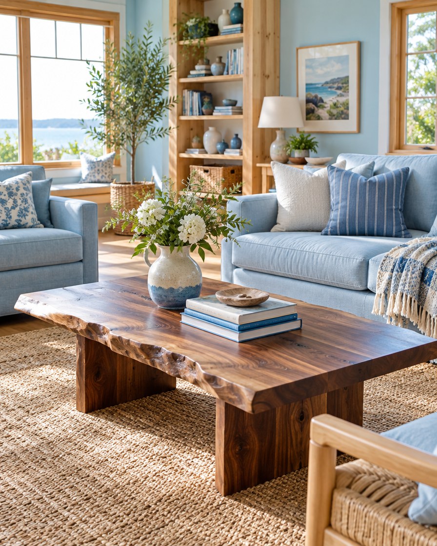 Solid wood live-edge coffee table in a bright family living room