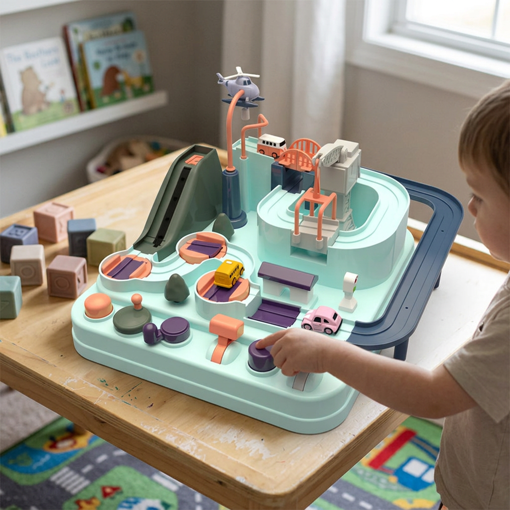 Kids Car Track Playset with Levers, Gates and Toy Cars
