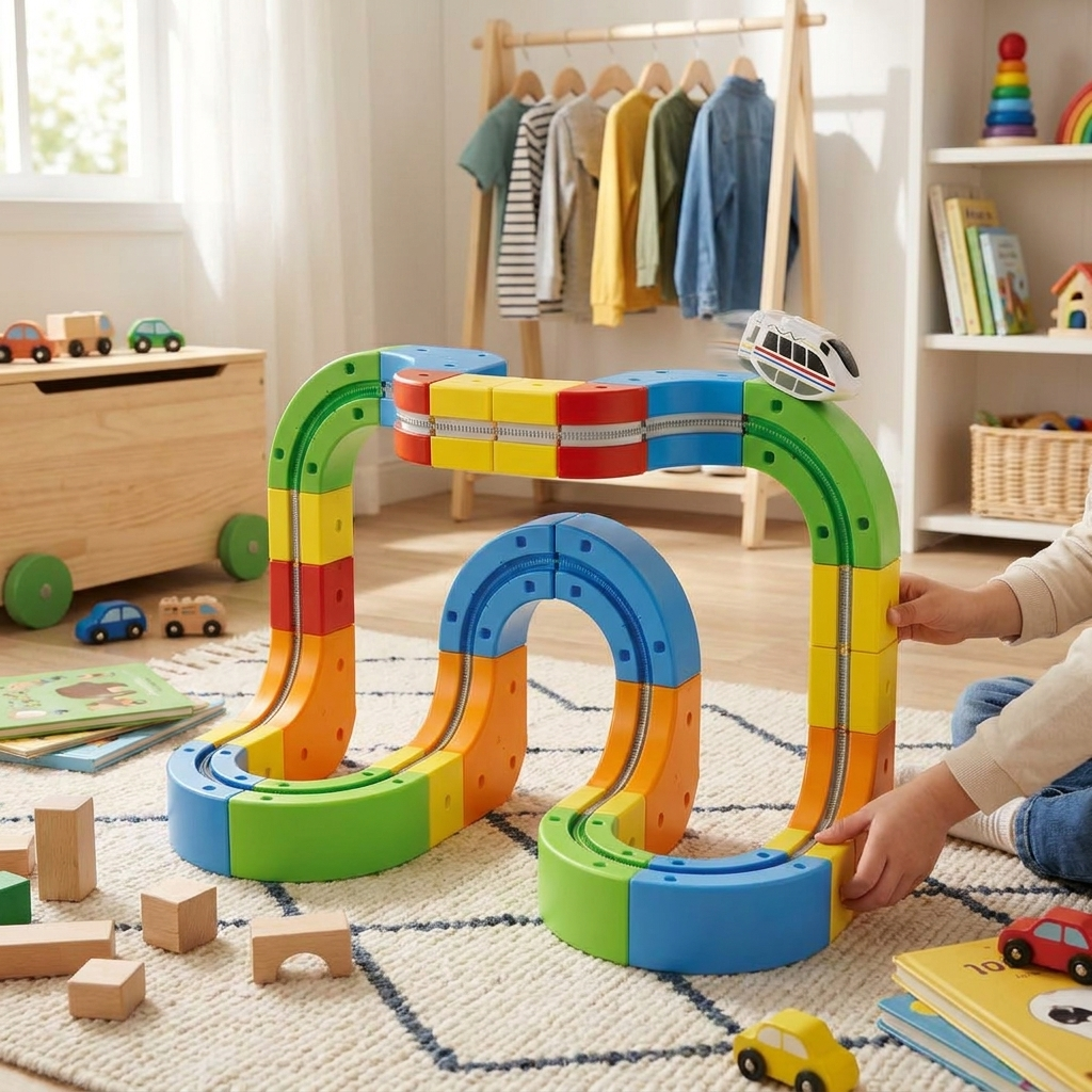 Motorized Train Track Set, Modular 3D Clip-Fit Pieces