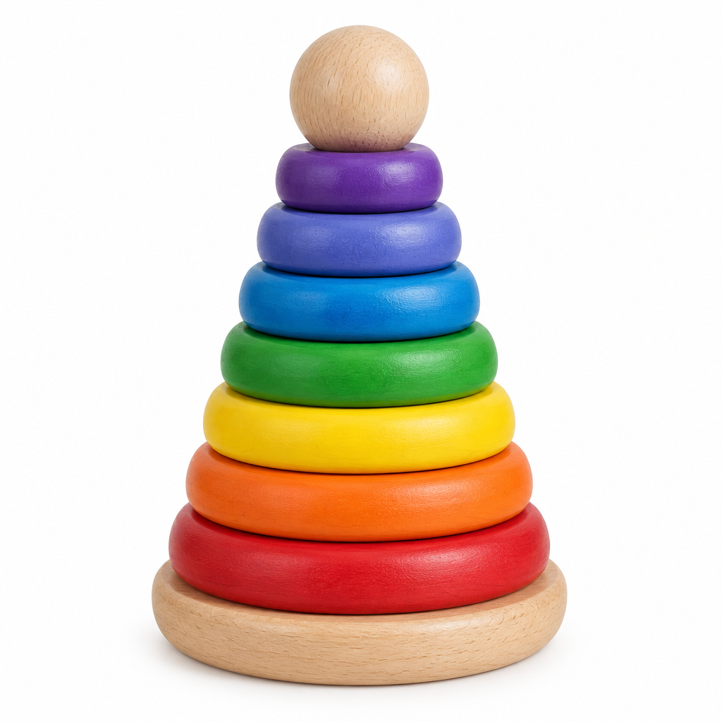 Beech wood rainbow ring stacker with eight graduated rings on a natural base, front view on white