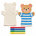 Blank natural-white canvas bear hand puppet beside four washable markers on white