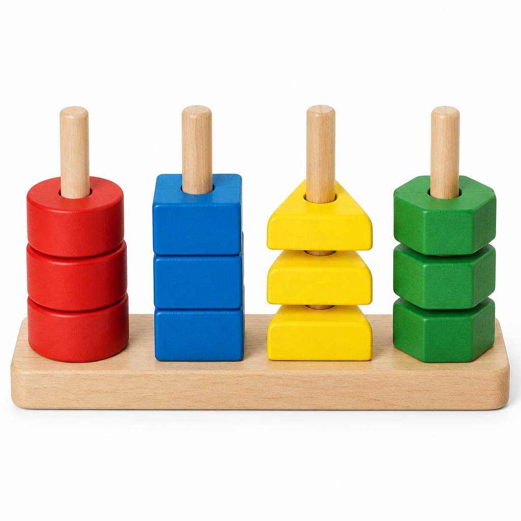 Rubberwood shape sorter tower with red circles, blue squares, yellow triangles and green hexagons on four pegs, on white