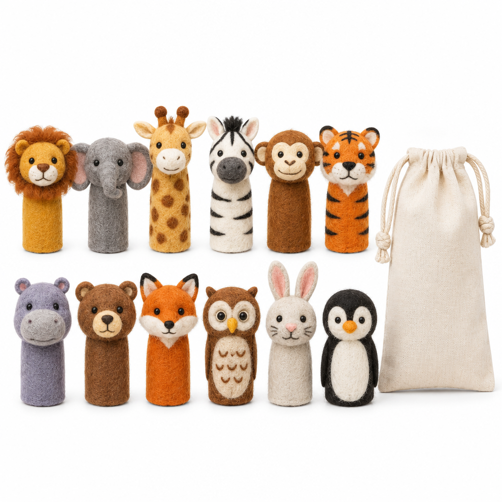 Twelve wool felt wild animal finger puppets in two rows beside a cotton drawstring pouch on white