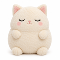 Cream minky plush cat with closed embroidered eyes and pink cheeks sitting upright on white