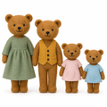 Four honey-brown felt bear dolls in pastel clothes standing in a row from tallest to smallest on white