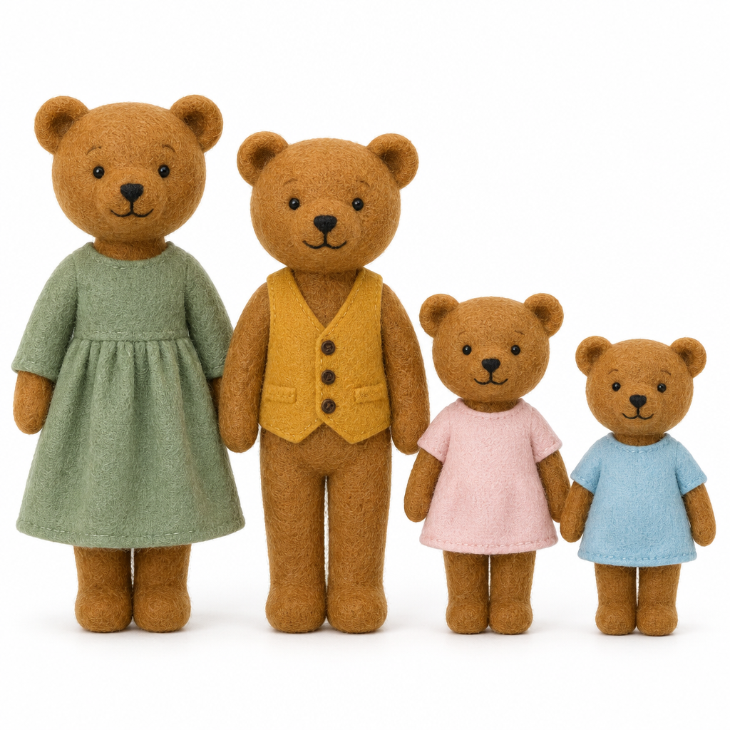 Four honey-brown felt bear dolls in pastel clothes standing in a row from tallest to smallest on white