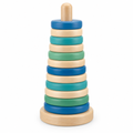 Maple ocean ring stacking tower with twelve blue, teal and green rings on a round base, on white