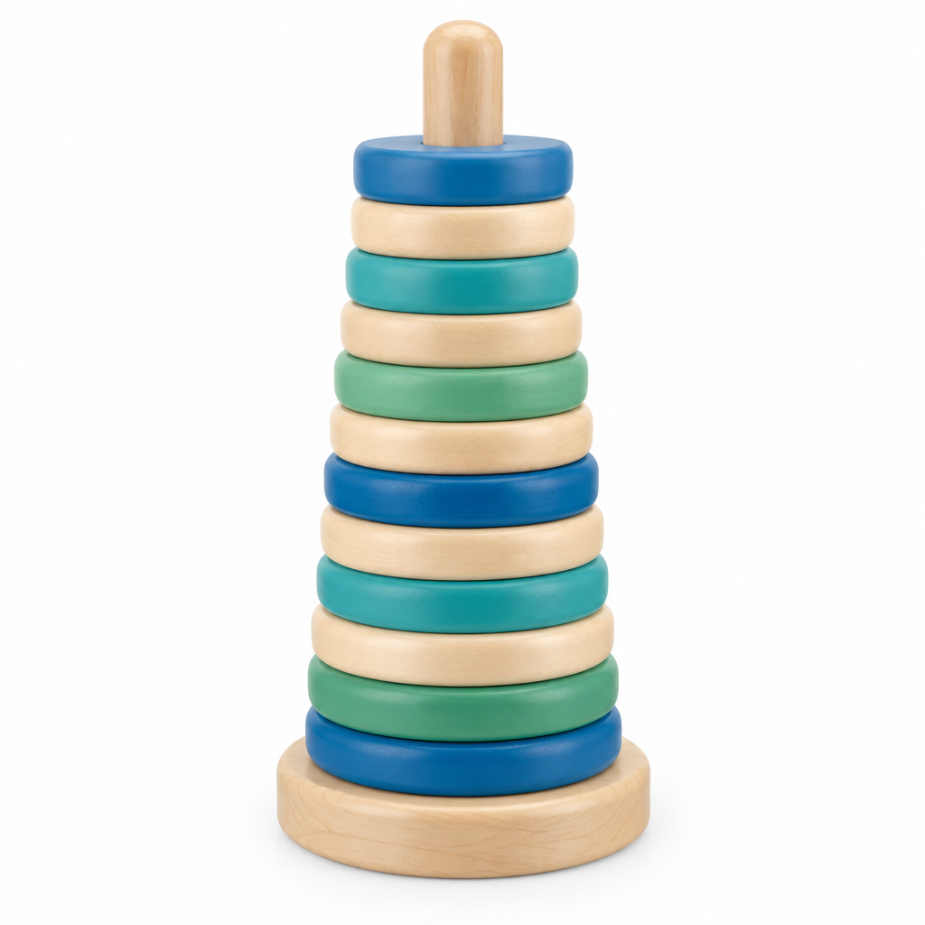 Maple ocean ring stacking tower with twelve blue, teal and green rings on a round base, on white
