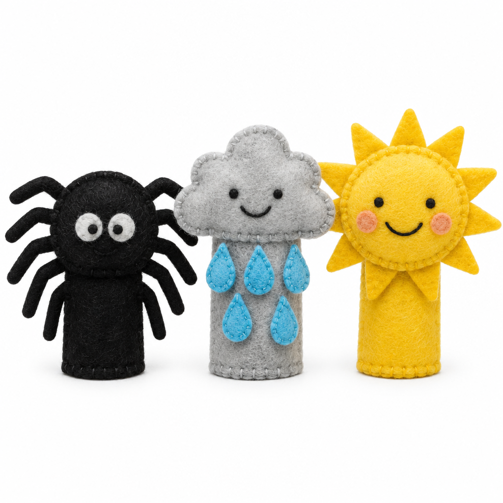 Felt spider, raincloud and sun finger puppets lying side by side on white