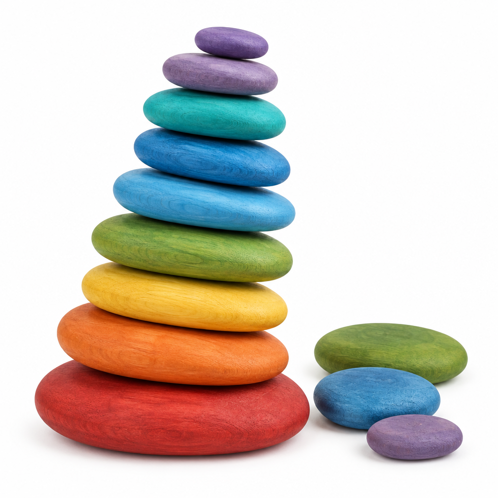 Ten beech wood rainbow balance stones stacked in a tilted tower beside loose stones on white