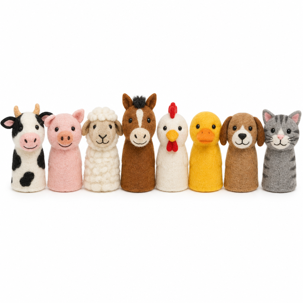 Eight wool felt farm animal finger puppets in a neat row on white