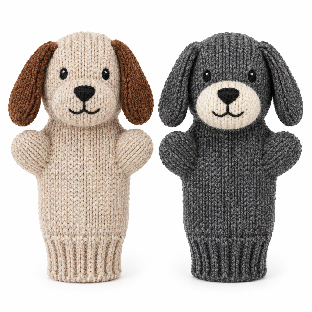 Two knit cotton dog hand puppets, one oatmeal and one charcoal, side by side on white