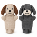 Two knit cotton dog hand puppets, one oatmeal and one charcoal, side by side on white