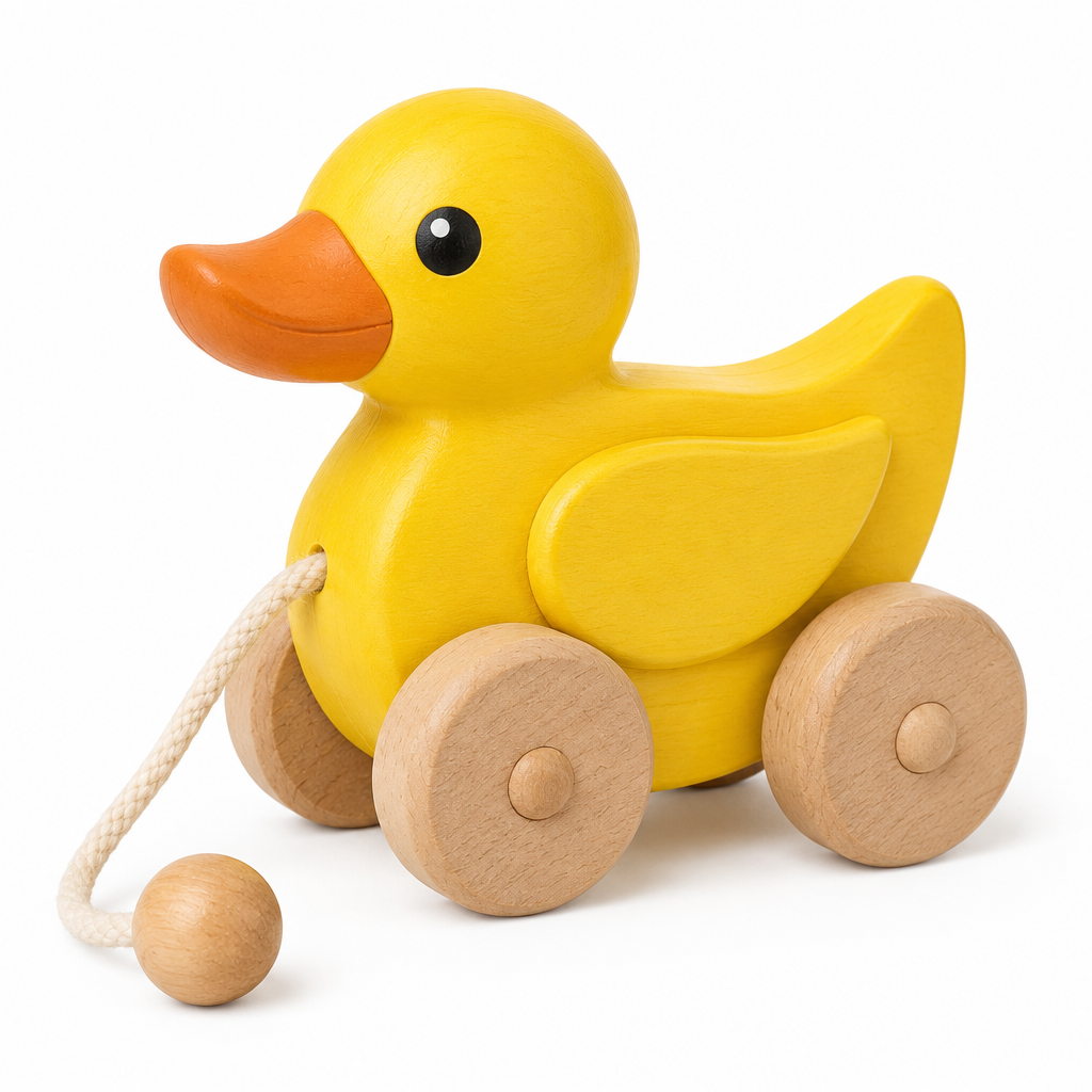Yellow wooden duck pull toy with orange beak on four wheels with cotton cord and bead handle, on white