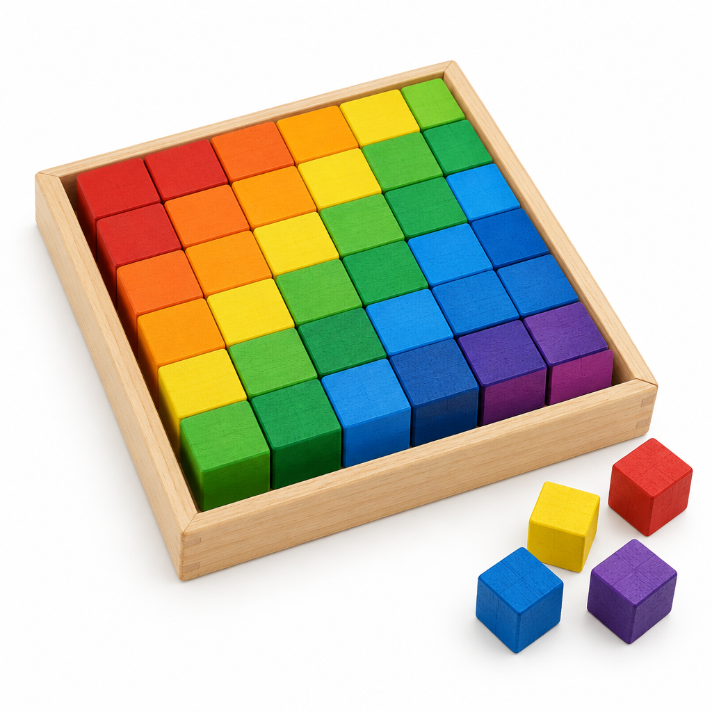 Square wooden tray filled with 36 rainbow mosaic cubes in a diagonal pattern on white