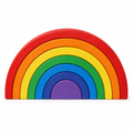 Seven-piece alder wood rainbow arch stacker nested in a semicircle on white