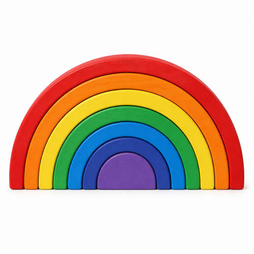 Seven-piece alder wood rainbow arch stacker nested in a semicircle on white