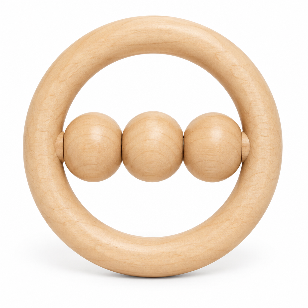 Natural maple ring rattle with three wooden beads on a crossbar, on white