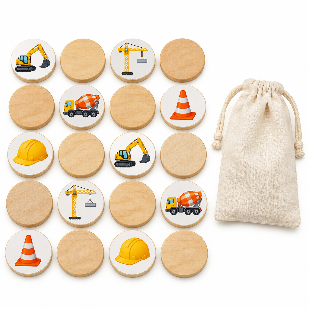 Twenty round wooden memory discs with construction pictures in a grid beside a cotton pouch, on white