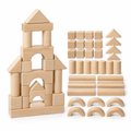 Forty natural rubberwood building blocks with a small tower beside a grid of loose blocks, on white