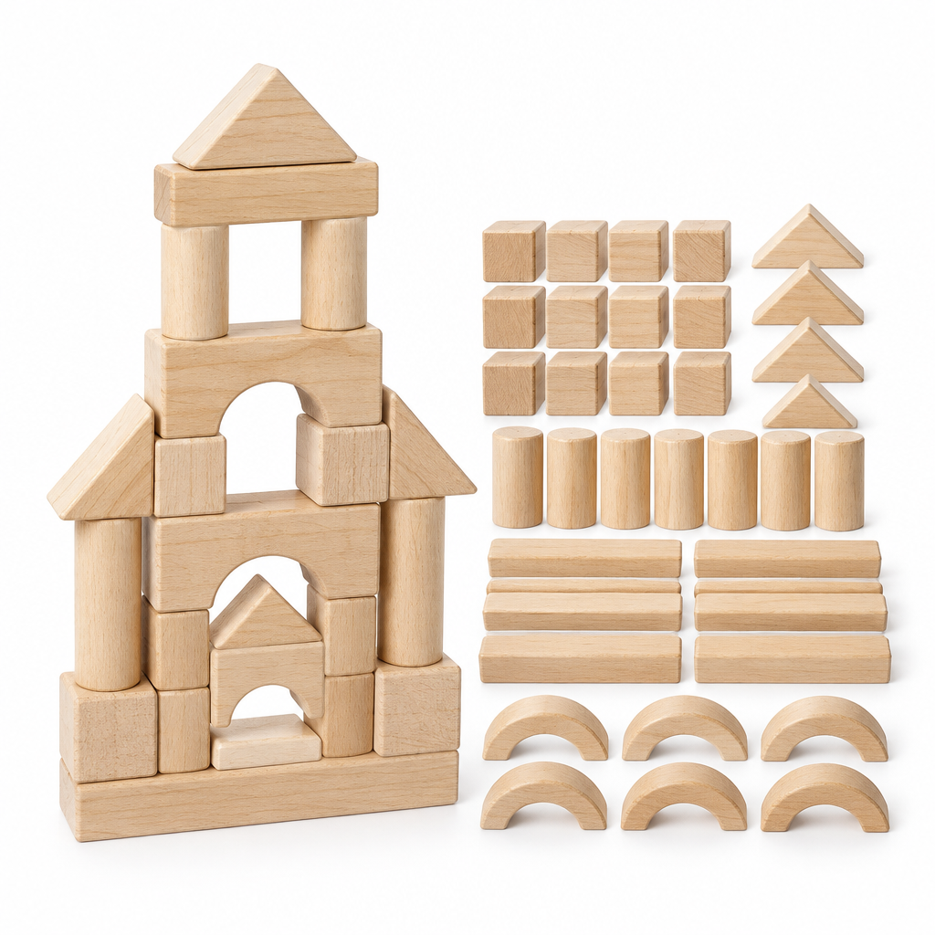 Forty natural rubberwood building blocks with a small tower beside a grid of loose blocks, on white