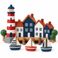 Painted wooden harbor village with striped lighthouse, navy cottages, pier, sailboats and trees on white