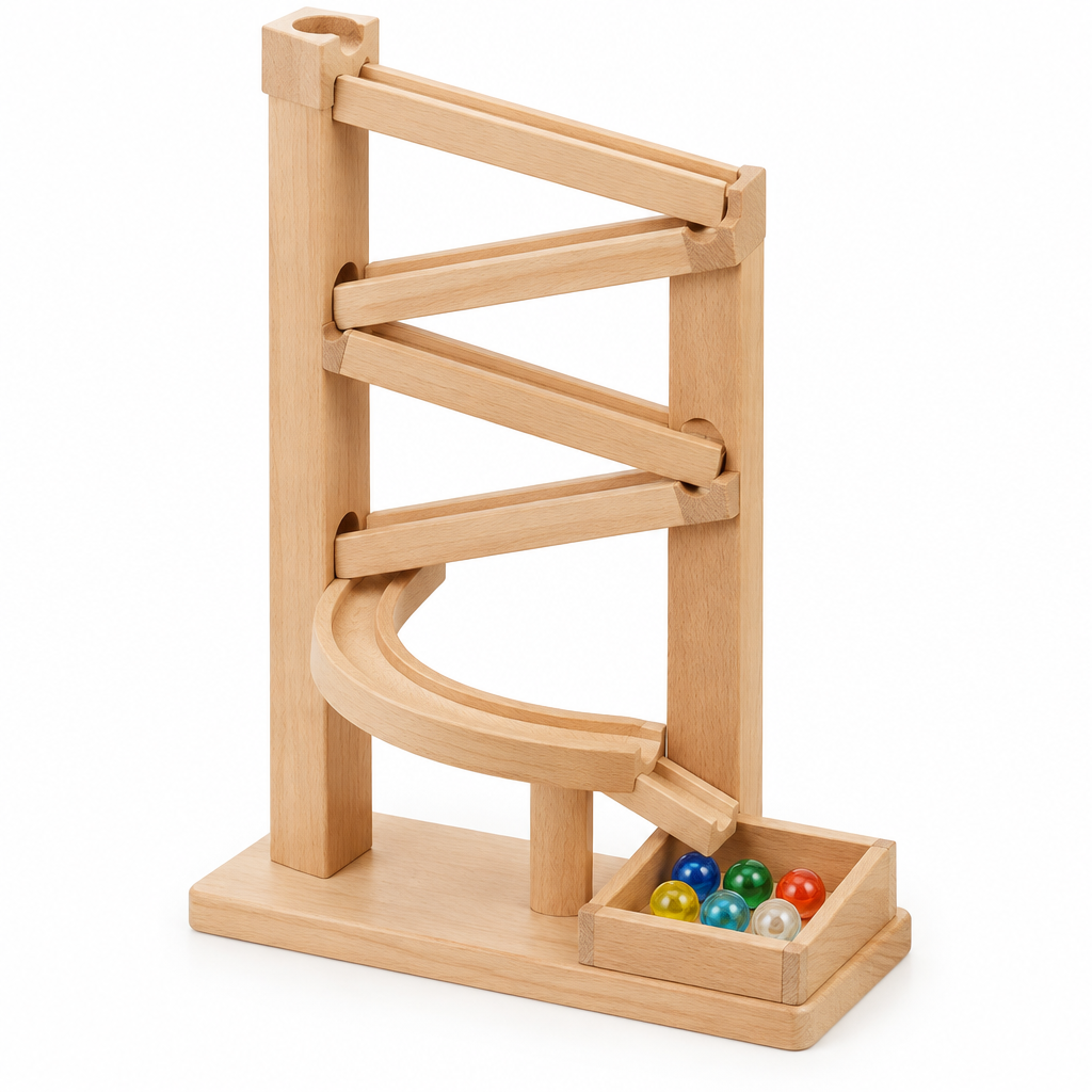 Beech wood zigzag marble run on two uprights with six glass marbles in the catch tray, on white