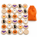 Twenty-four birch Halloween memory discs with pumpkins, ghosts and bats beside an orange cotton bag, on white