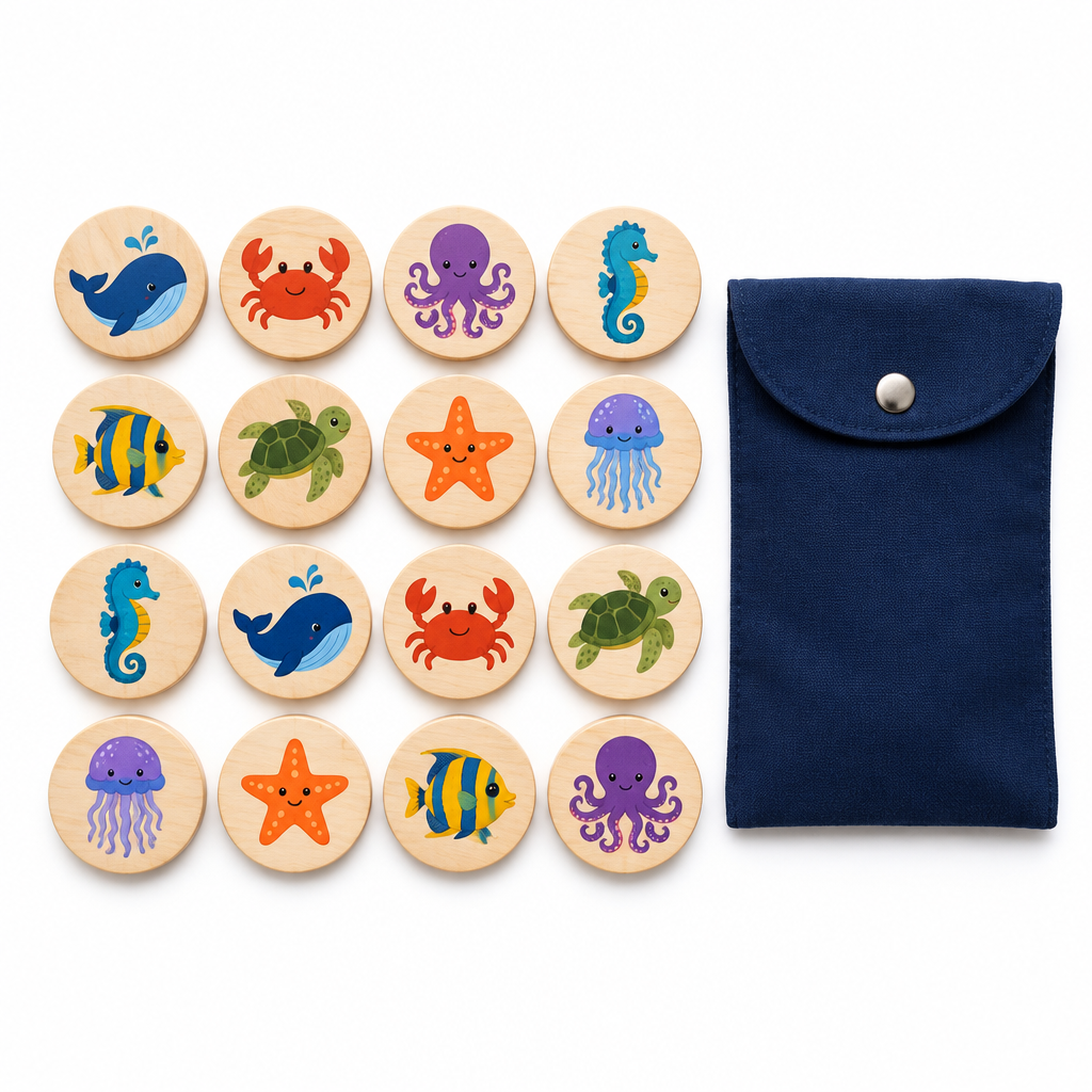Sixteen birch ocean animal memory tiles in a 4 by 4 grid beside a navy snap pouch, on white