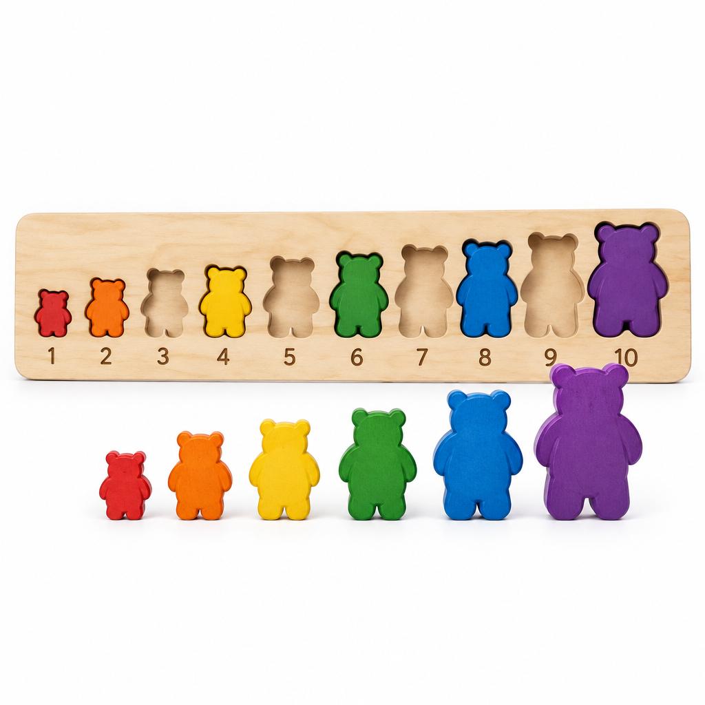 Birch board with ten numbered bear slots and rainbow wooden bears from smallest to largest, on white