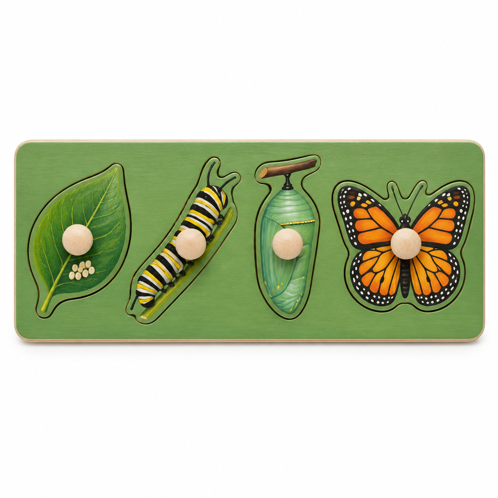 Green birch peg puzzle with eggs, caterpillar, chrysalis and butterfly pieces with wooden knobs, on white