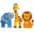 Three wooden safari animal jigsaw puzzles, elephant, giraffe and lion, side by side on white