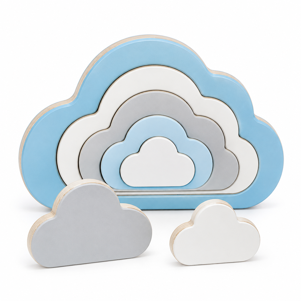 Sky-blue birch plywood board with five nested white, grey and pale blue cloud puzzle pieces, on white