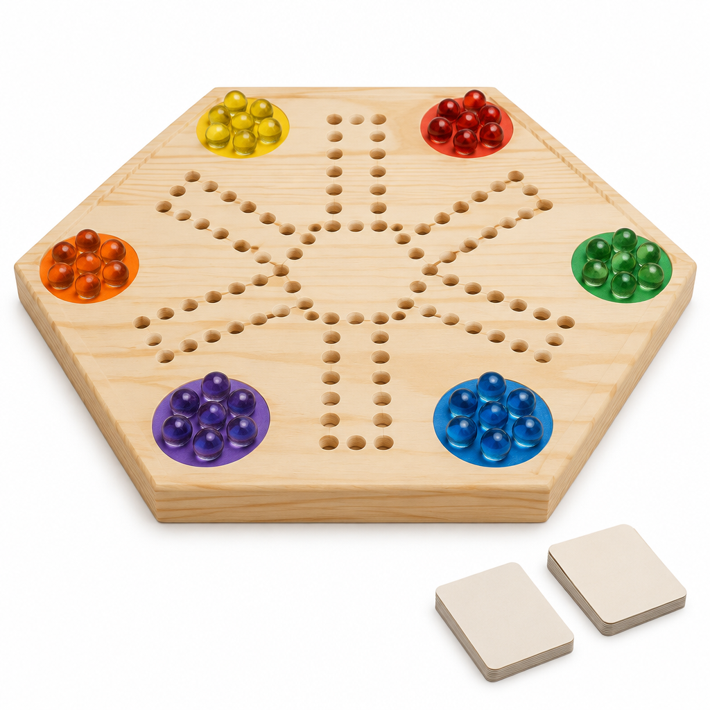 Hexagonal solid pine marble race board with colored glass marbles and two card decks, on white