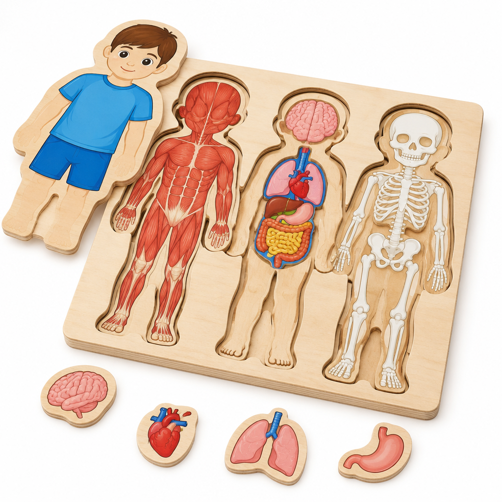 Birch plywood layered body puzzle with clothes layer lifted to show muscles, organs and skeleton, on white
