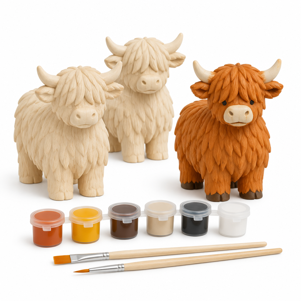 Three unpainted basswood shaggy cow figures, one painted ginger, beside six paint pots and two brushes on white