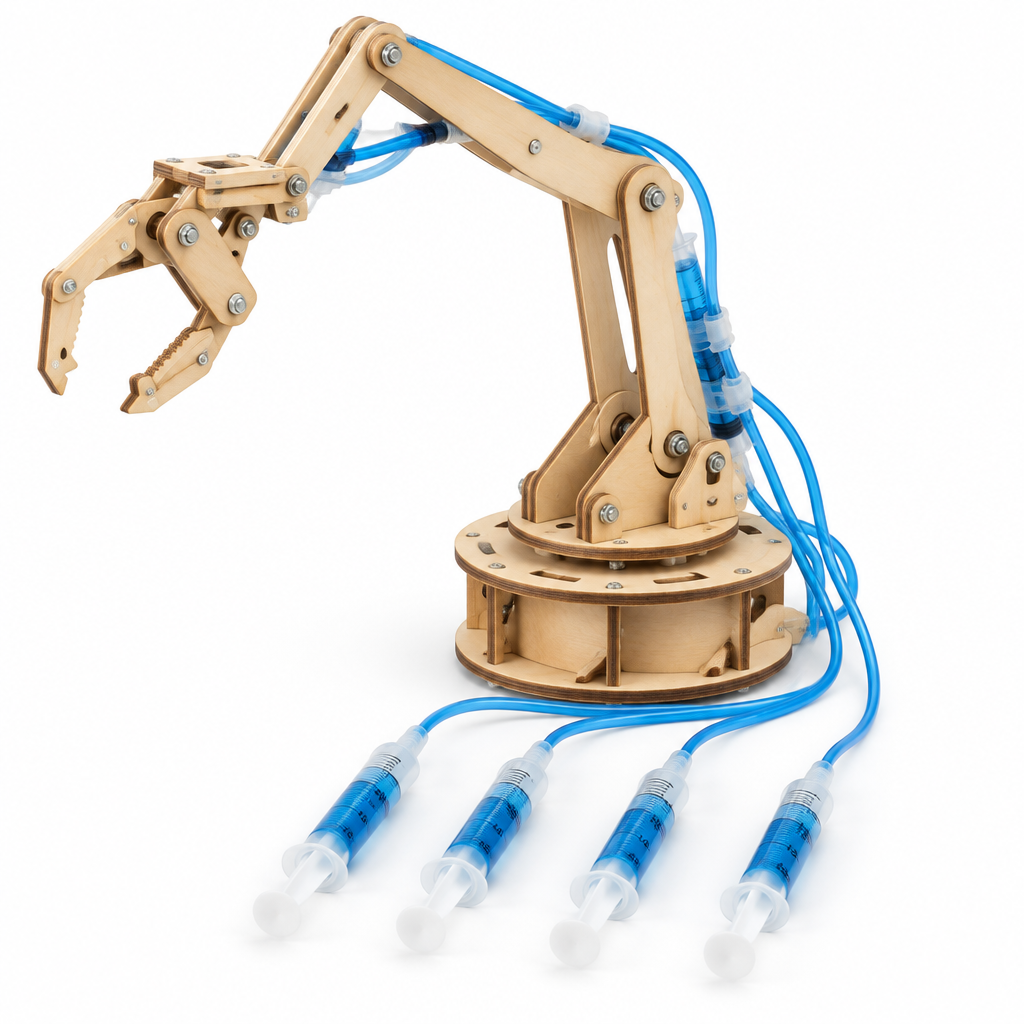 Assembled birch plywood hydraulic grabber arm on a turntable with blue tubes to four syringes, on white