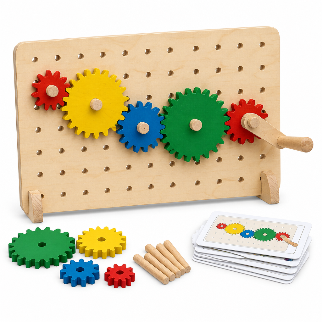 Birch pegboard with a chain of red, yellow, blue and green wooden gears and a hand crank, with challenge cards, on white