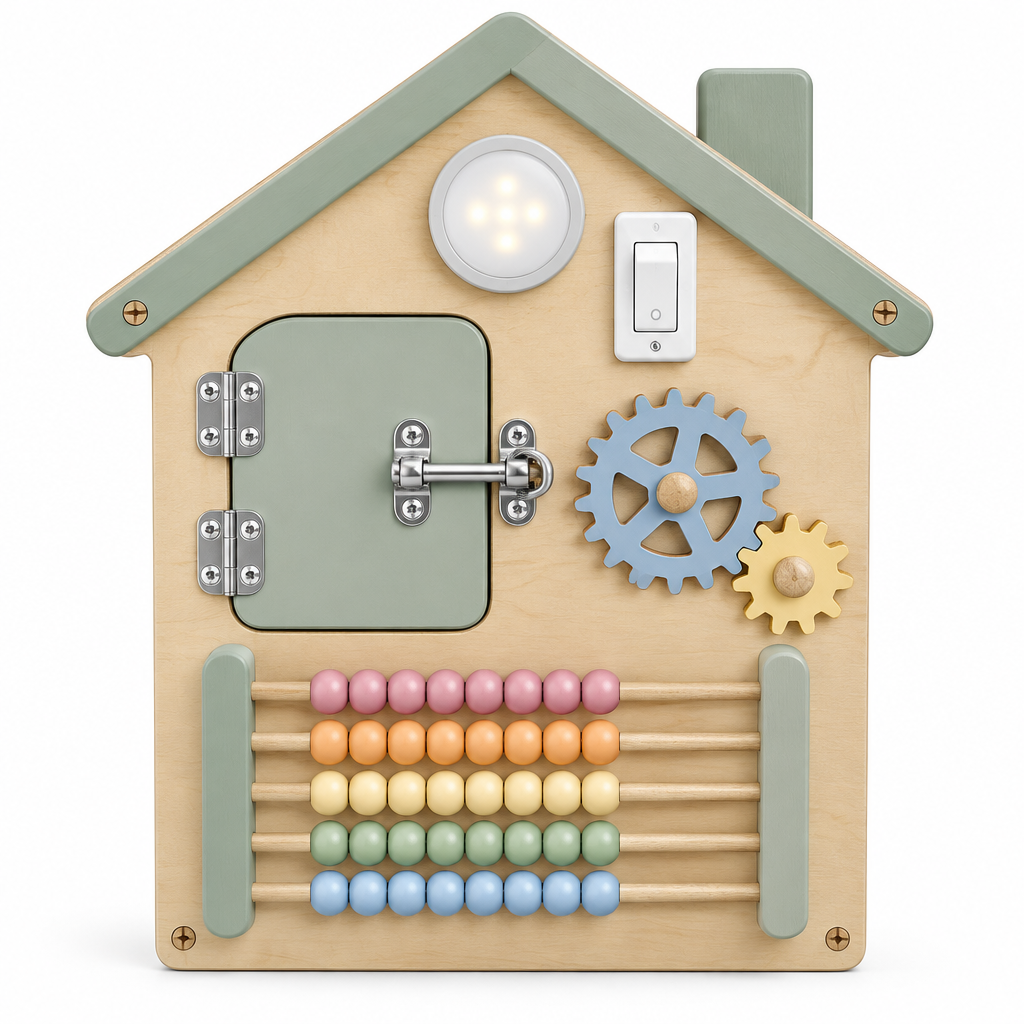 House-shaped wooden busy board with latch door, slide bolt, gear spinner, bead abacus and LED porch light, on white
