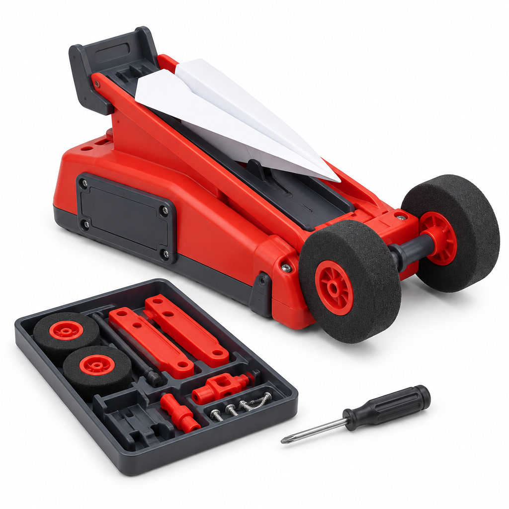Assembled red and charcoal paper plane launcher with two foam wheels and a folded paper plane, on white