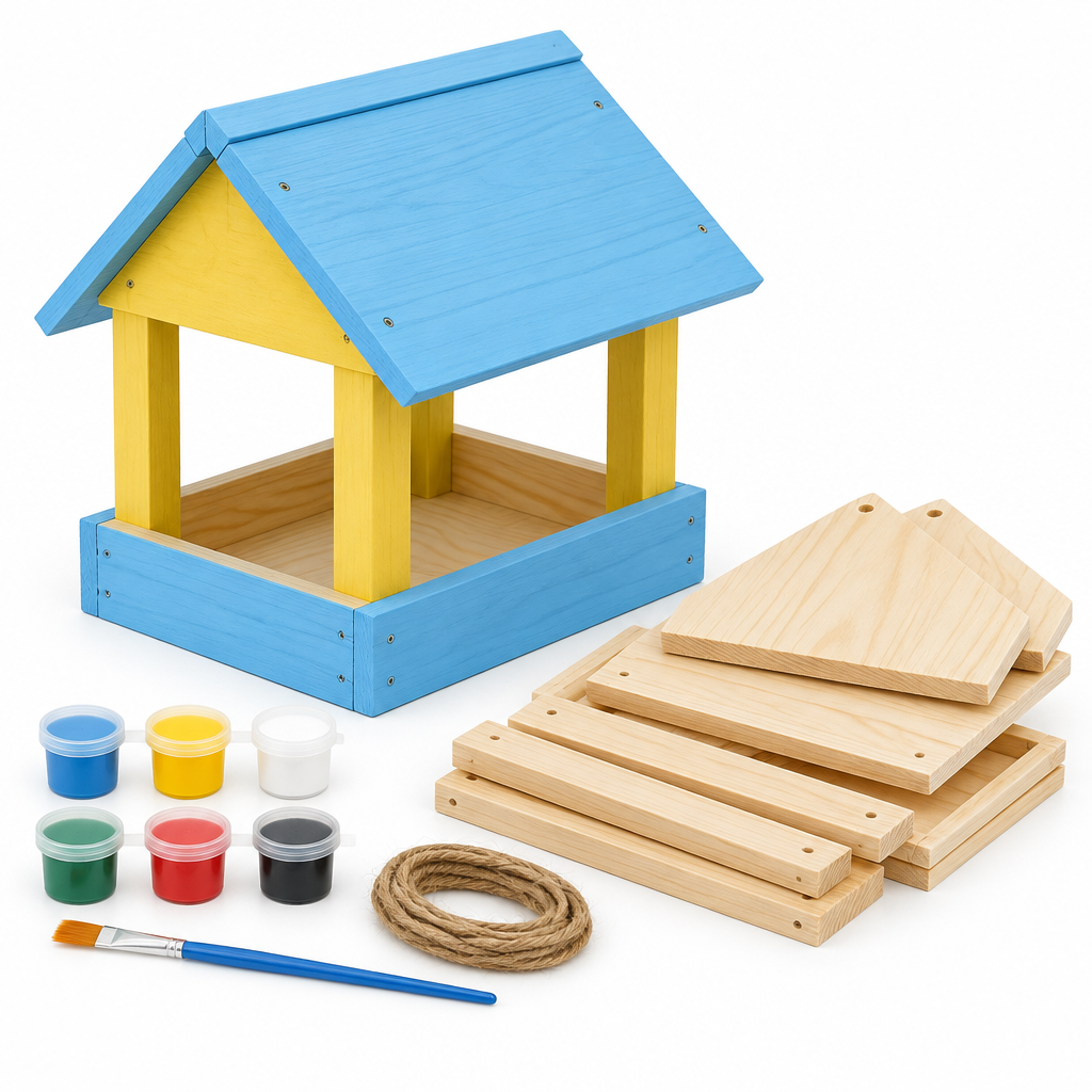 Natural pine bird feeder kit half-painted in sky blue and yellow beside panels, paint pots, brush and jute cord, on white