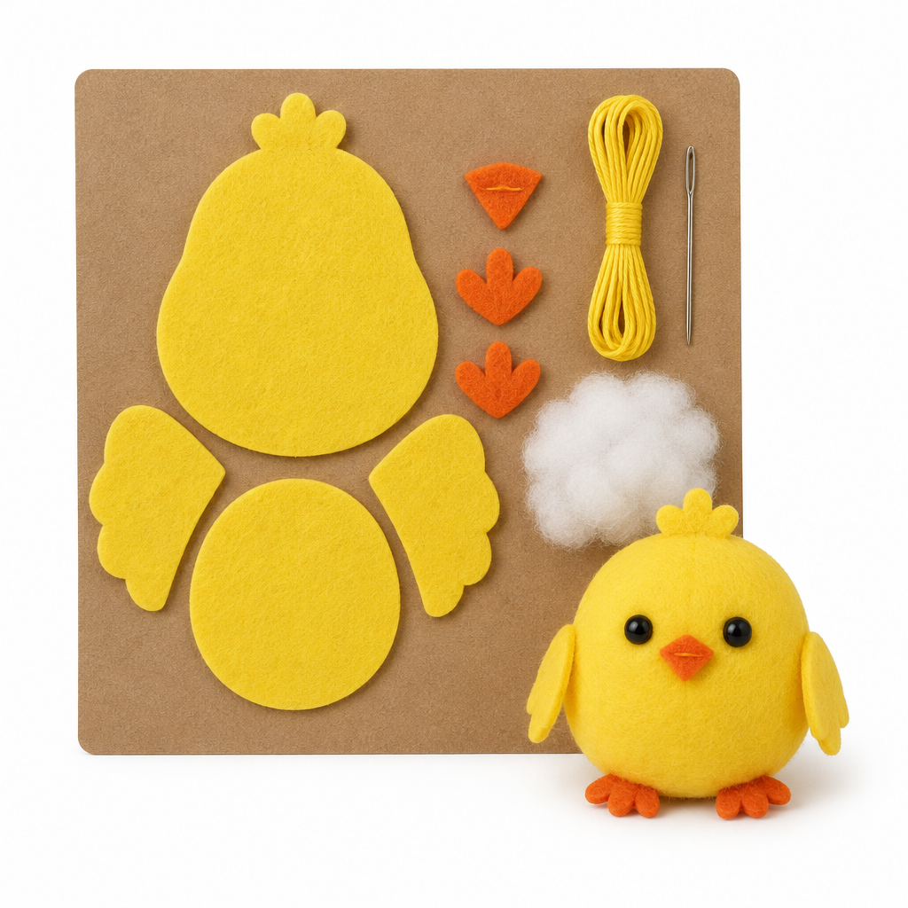 Felt chick sewing kit on kraft card with yellow felt pieces, thread, blunt needle and finished chick, on white