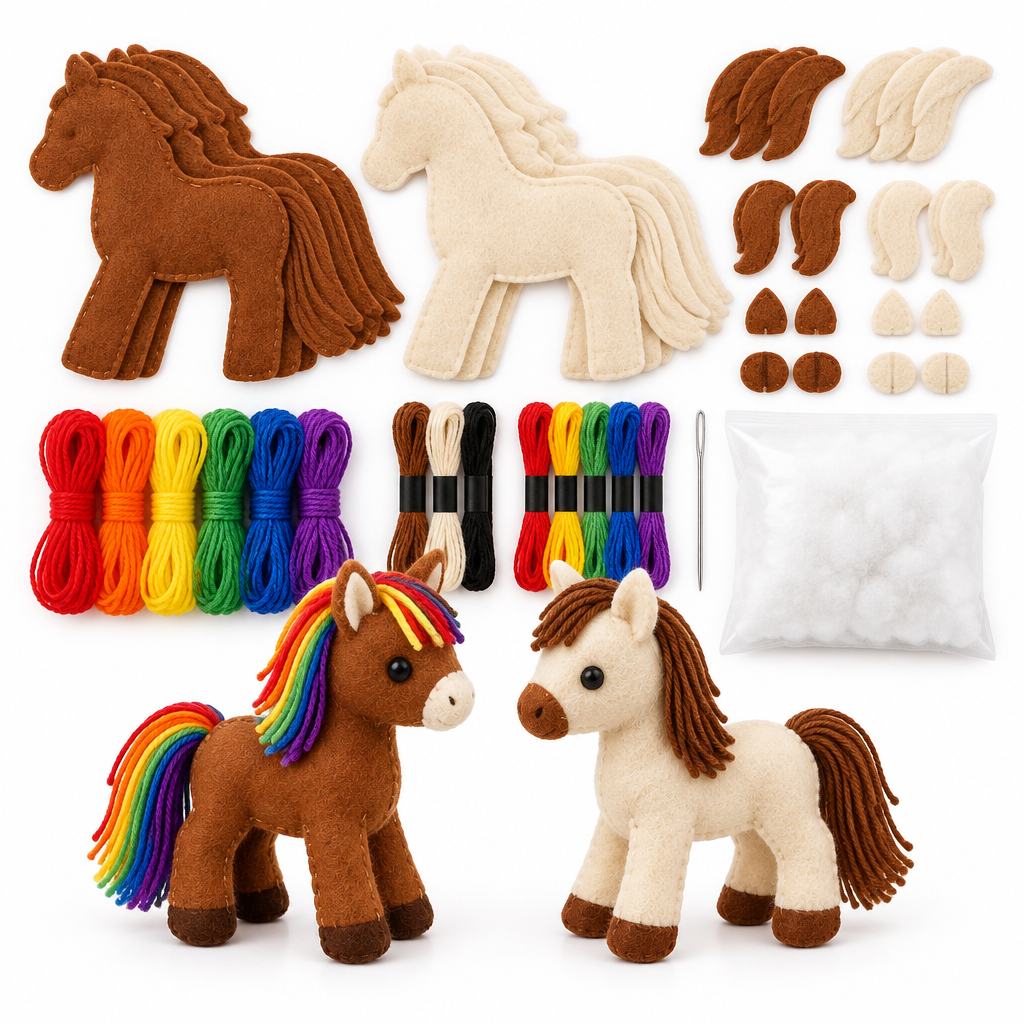 Felt pony sewing kit with pre-cut chestnut and cream shapes, rainbow yarn and two finished ponies, on white