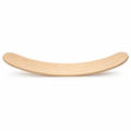 Long natural maple plywood curved balance board standing alone, side view on white